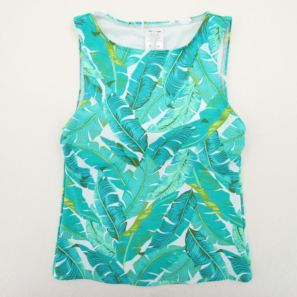 Lands End Tankini Top Green Tropical Print Crewneck Sleeveless Shelf Bra Swim 2